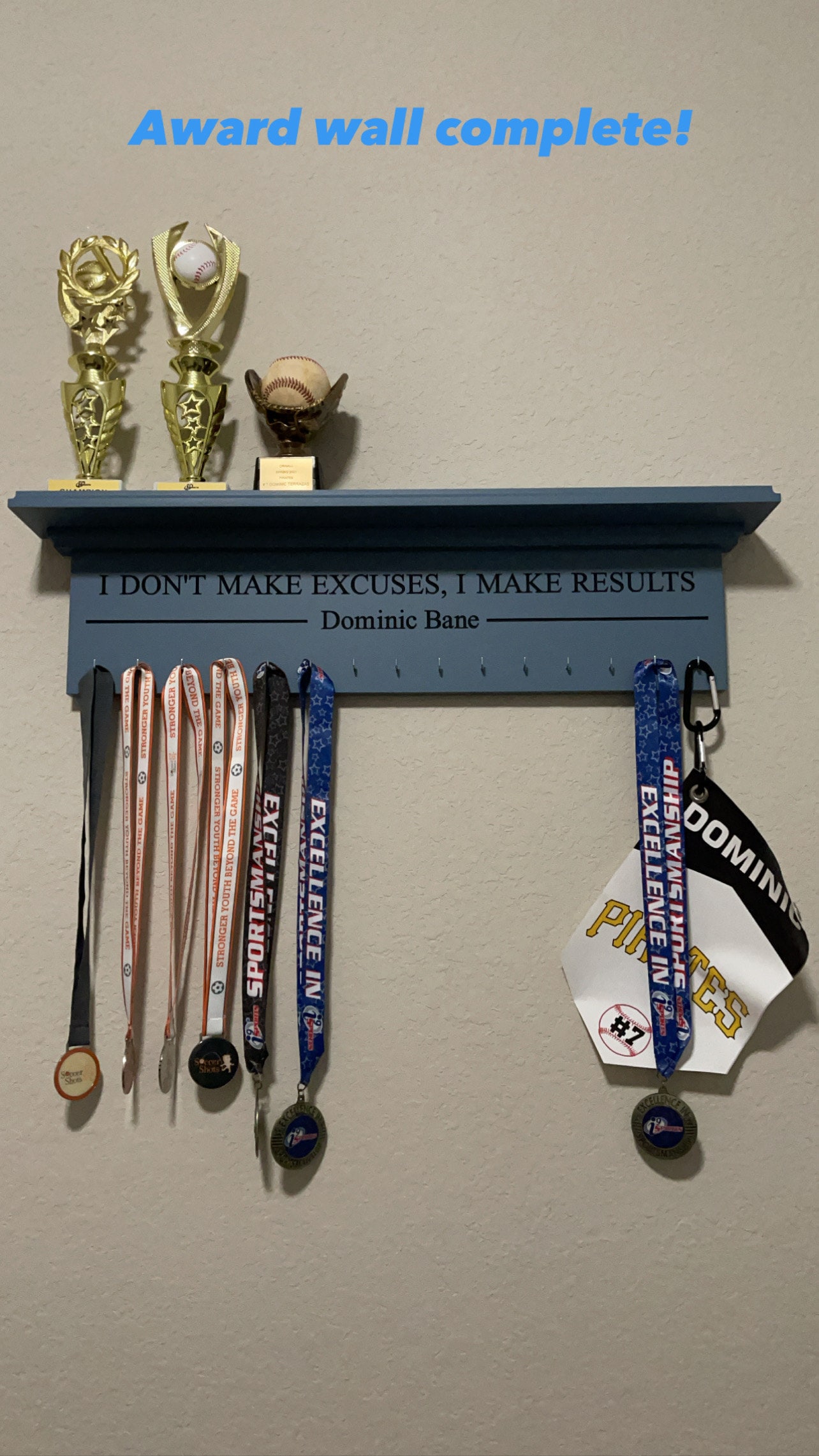 Medal Holder Champions Engraved Trophy Shelf Ribbon Holder Medal Hanger Award Display Personalized gift Trophy Rack Sports Award Display 30"