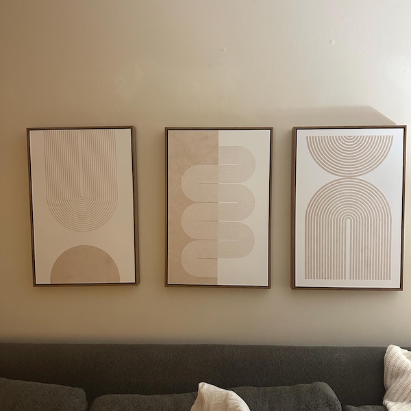 Framed Canvas Wall Art Set of 3 Geometric Beige Spiral Wave Mid Century ...