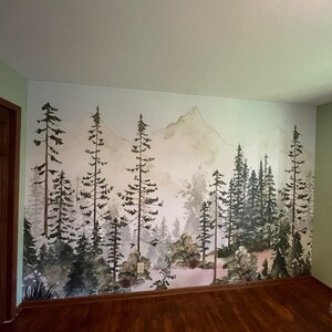 Misty Pine Tree Forest Landscape Peel and Stick Wallpaper Self Adhesive ...