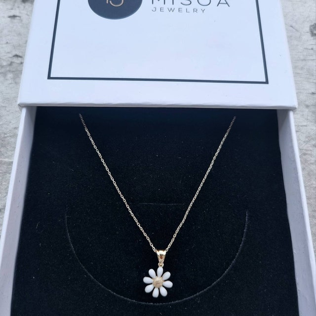 14K Gold Daisy Necklace: Enamel Flower Pendant, Handmade Jewelry