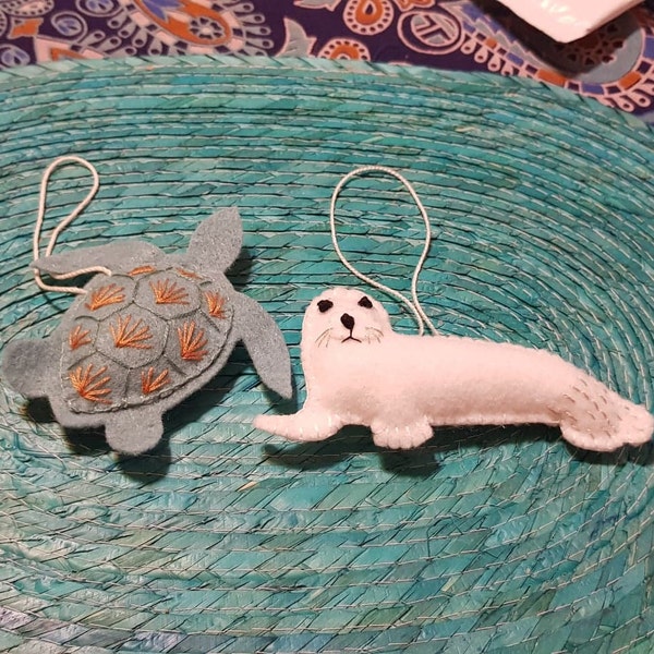 Image showcasing Sea Turtle Handmade Felt Ornament: Sea Green Blue, Gold, Beige - 4 ...