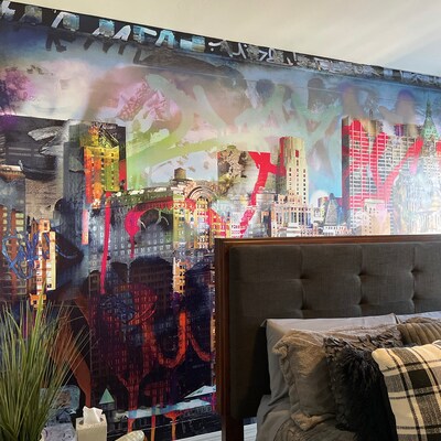Urban Cityscape Living Room Graffiti Wallpaper, New York Street Art Wall Mural, Easy Removable ...