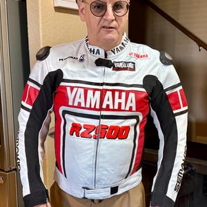 YAMAHA Men Motorbike Racing Leather Jacket Red & White Available