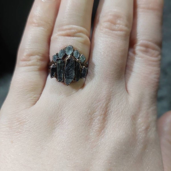 Quartz Point Ring Black Tibetan Quartz Point Ring, Black Multi Crystal Ring, Copper ...