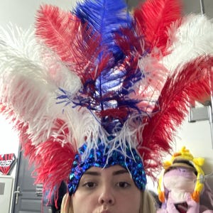 Vintage Handmade Feather Headdress Costume Festival Dance Headpiece Red Blue OS Blue Feather Headdress, Warbonnet, Indian Inspired Headpiece  main image 4