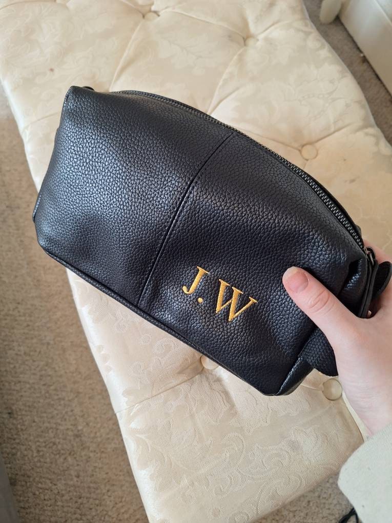 Personalised Embroidered Mens Leather Wash Bag with Strap Black or Brown - Mens Vegan Leather Toilet Bag Embroidered with Initials