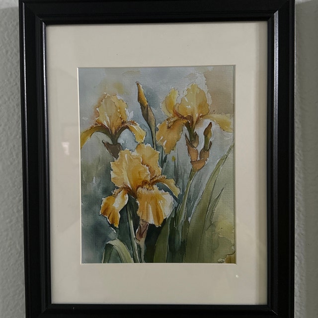 アイリスの(水彩画 2018年 ) アイリスの絵画 黄色のアイリスの水彩画プリント 花の壁アート 春の花