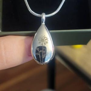 Teardrop Urn Necklace for Ashes - Personalized Birth Flower Keepsake Memorial Necklace - Engraved Birth Flower Cremation Jewelry for Women