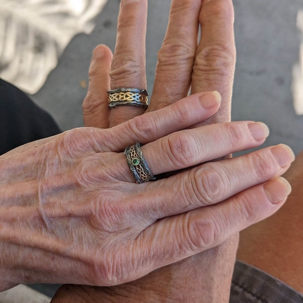 Celtic Pattern and Tree Bark Matching Wedding Bands With Sapphire, His ...