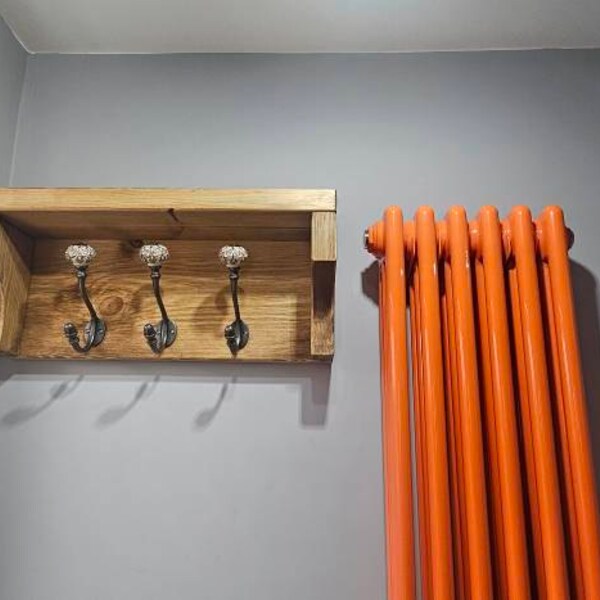 Handmade Medium Oak Coat Rack With Shelf – 5 Silver Double Hooks, Wax Finish, Wall Mounted