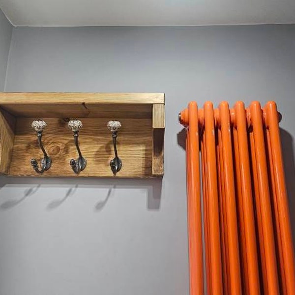 Handmade Medium Oak Coat Rack With Shelf – 5 Silver Double Hooks, Wax Finish, Wall Mounted
