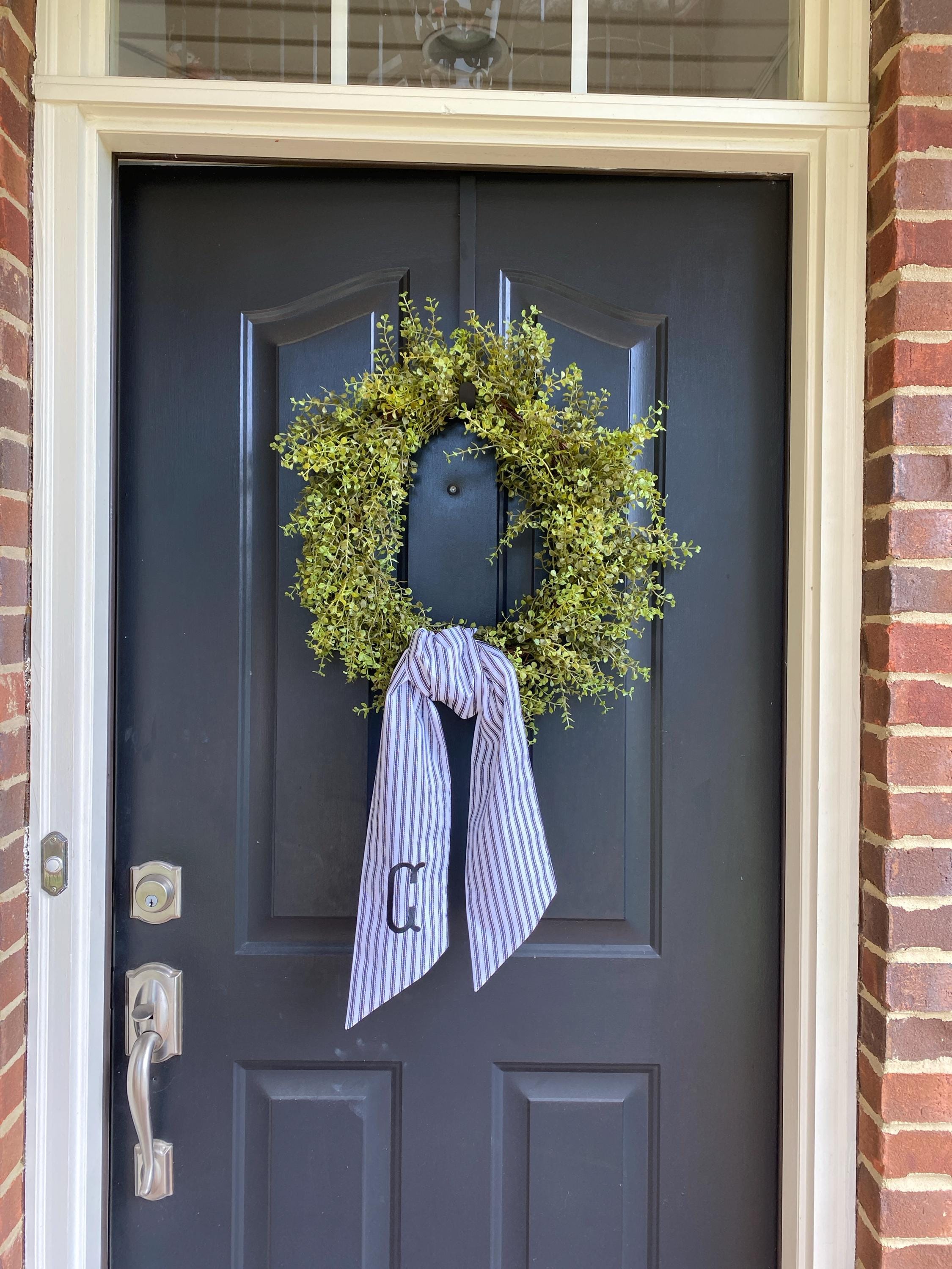Personalized Black Ticking Stripe Wreath Sash for Front Door, Modern Farmhouse Decor, Striped Embroidered Scarf for Boxwood Wreath, Birthday Gift for Friend