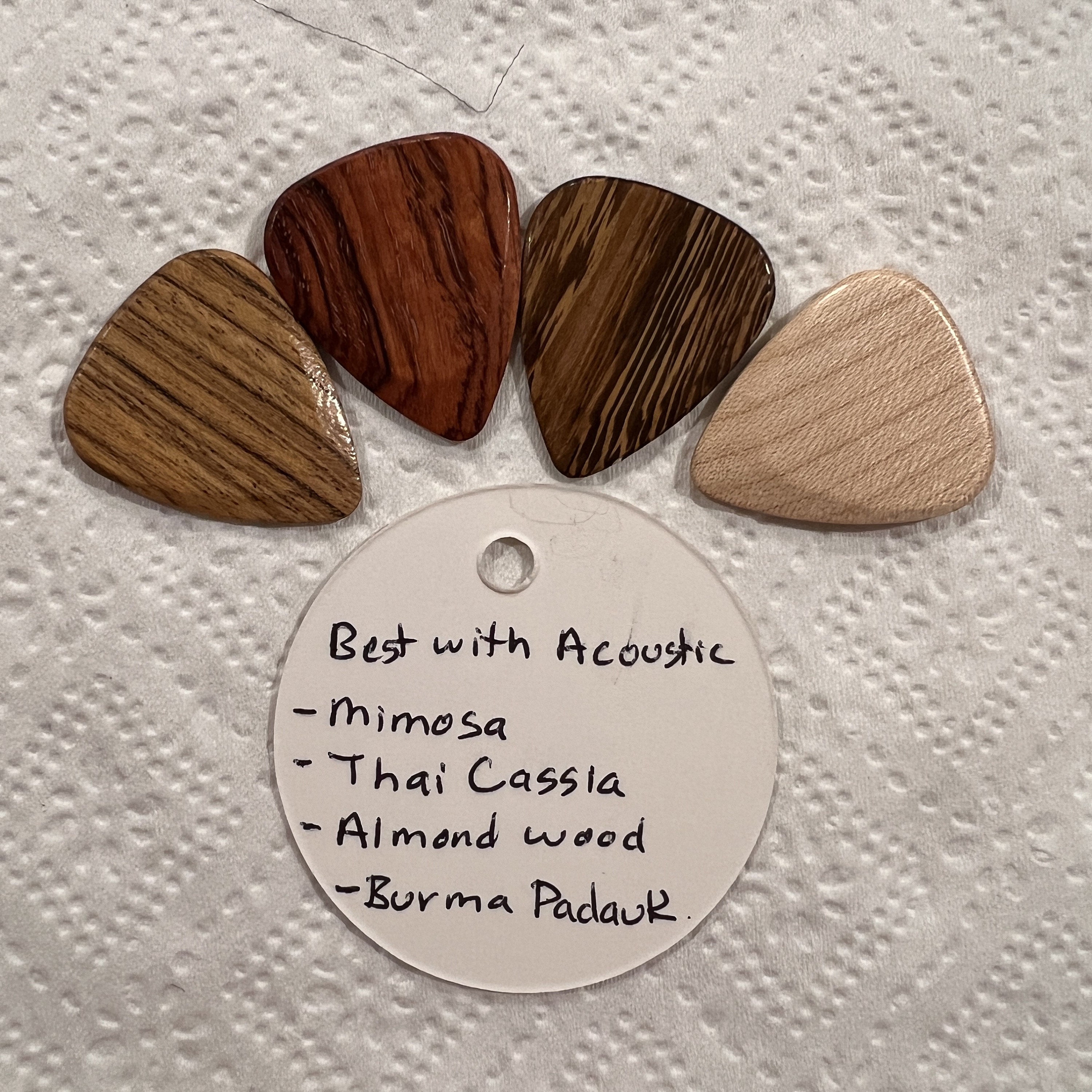 4  Acoustic Guitar Exotic Timber Tones Guitar Picks - Personalisation and Gift Box Options