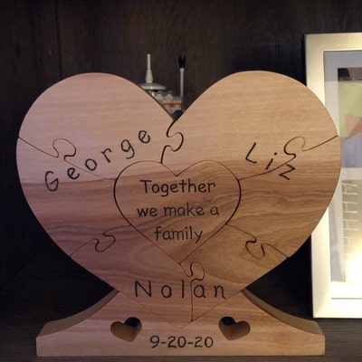 LARGE Family Wood Heart unity Puzzle 8-1/2 Wide X 8 Tall Center Heart 2 ...