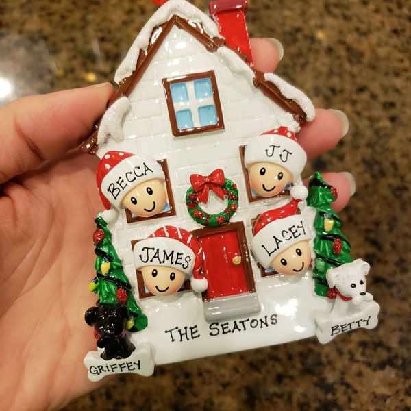 Personalized Family of 4 Home Ornament With 2 Dogs or Cats Added -4 ...