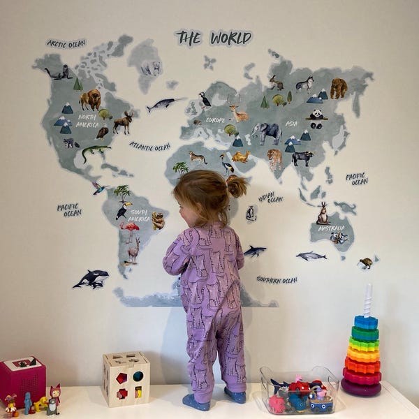 Animal World Map Decal | Playroom World Map for Kids | World Map Wall ...