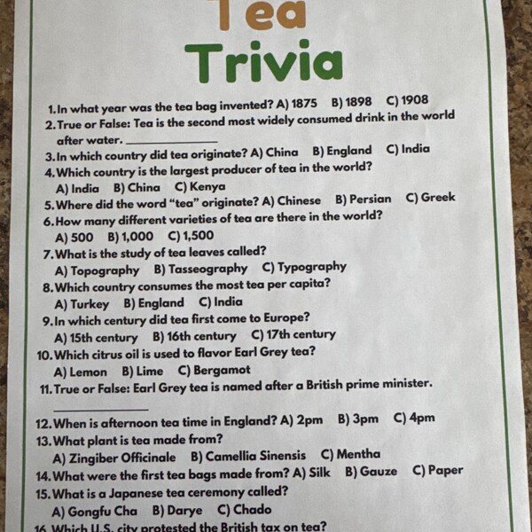 High Tea Trivia Tea Trivia Game | Tea Game Printable | Tea Party Bridal Shower Game ...
