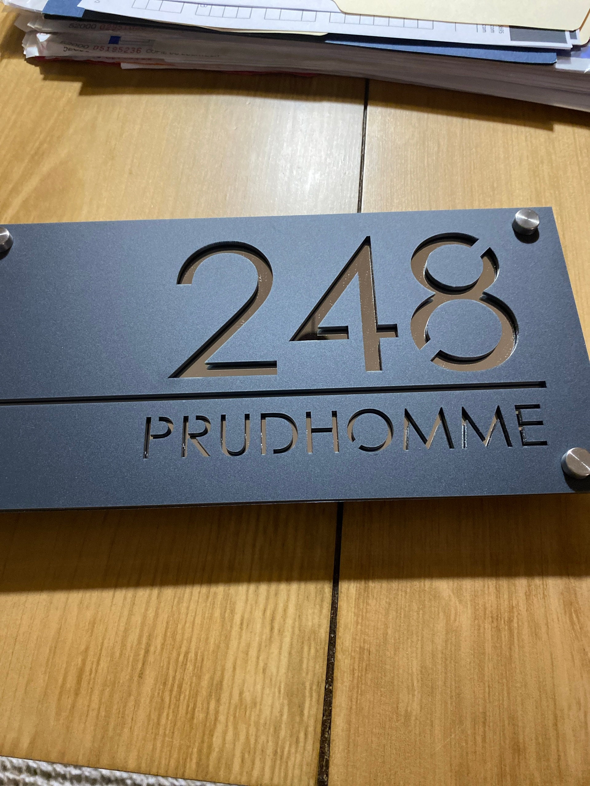 House Wall Plaques UK | Luxe A4 | Precision Laser Cut Acrylic House Number Sign | Matt Gray Anthracite & Silver Mirror | 280mm x 140mm