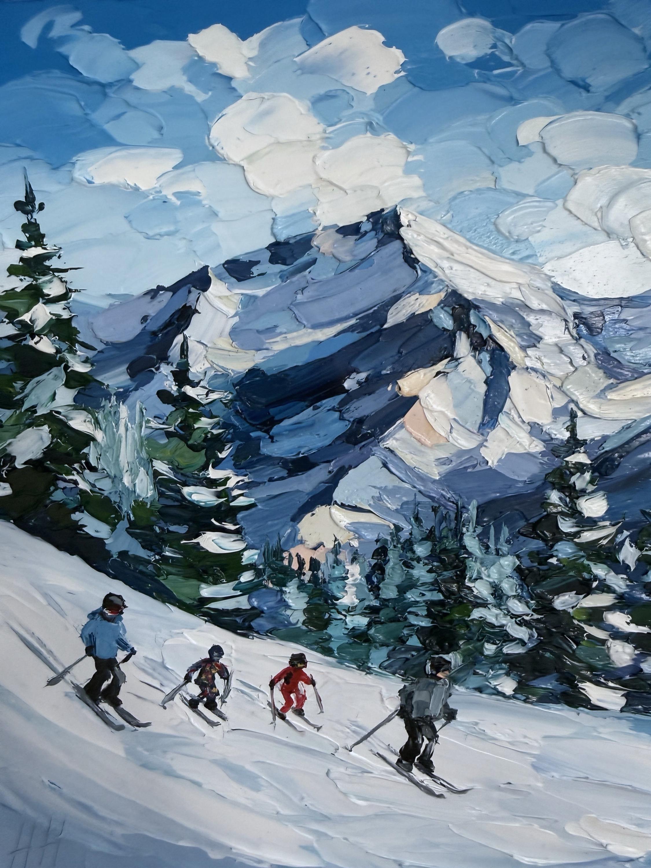 Buyer photo of Snowy Mountains Oil Painting, Impasto Winter Landscape, Ski Resort Decor, Tex...