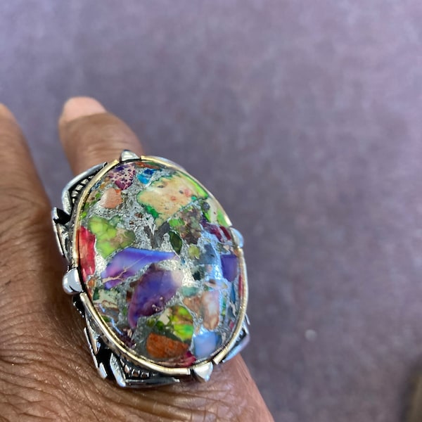 Silver Turquoise Ring , Large Multi Color Turquoise Ring , Natural ...