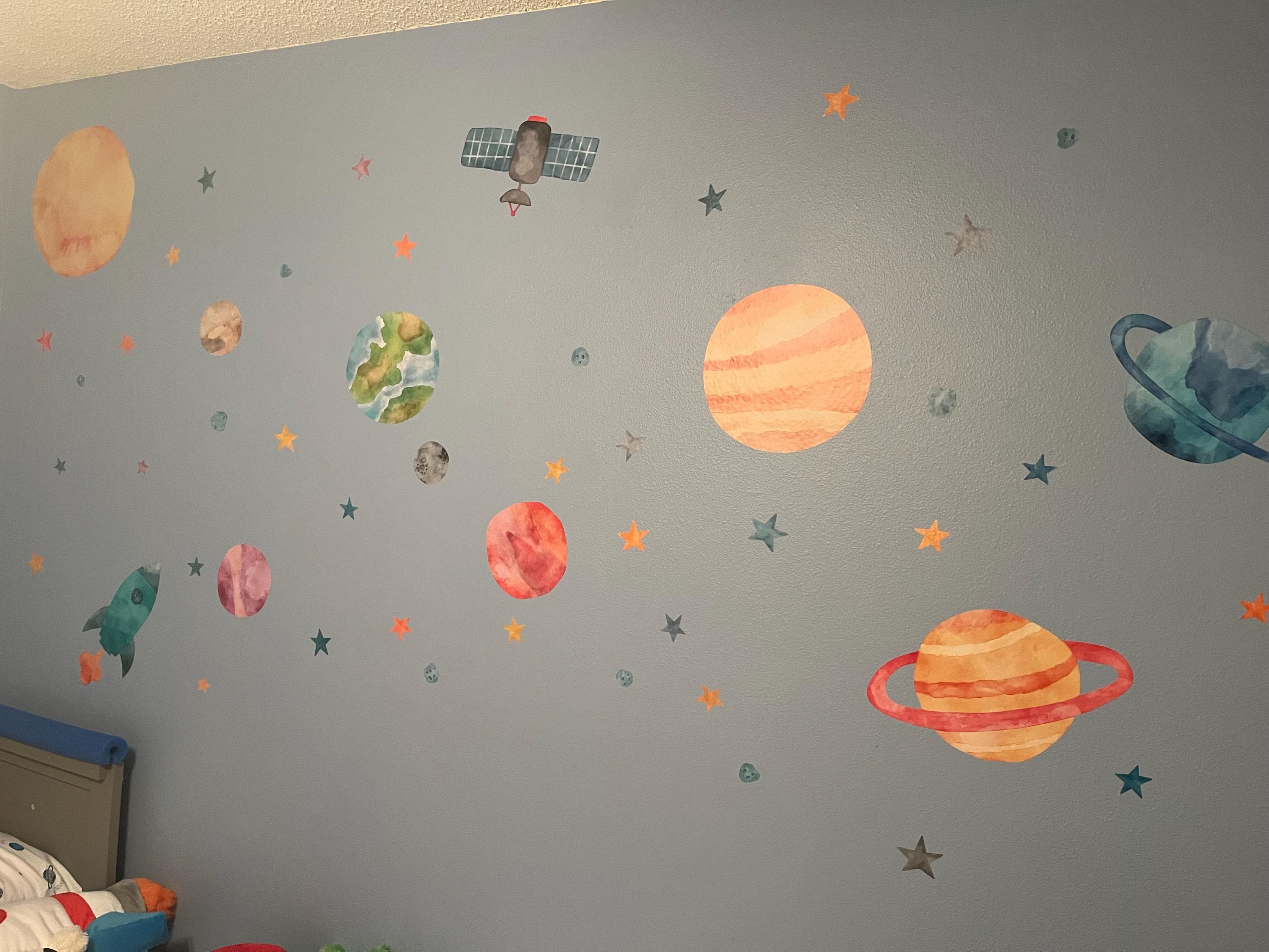 Space Wall Decals, Watercolor Solar System, Nursery Decals, Planet Wall Decals, Stars, Planets, Astronaut, Kids Wall Decals, Peel and Stick