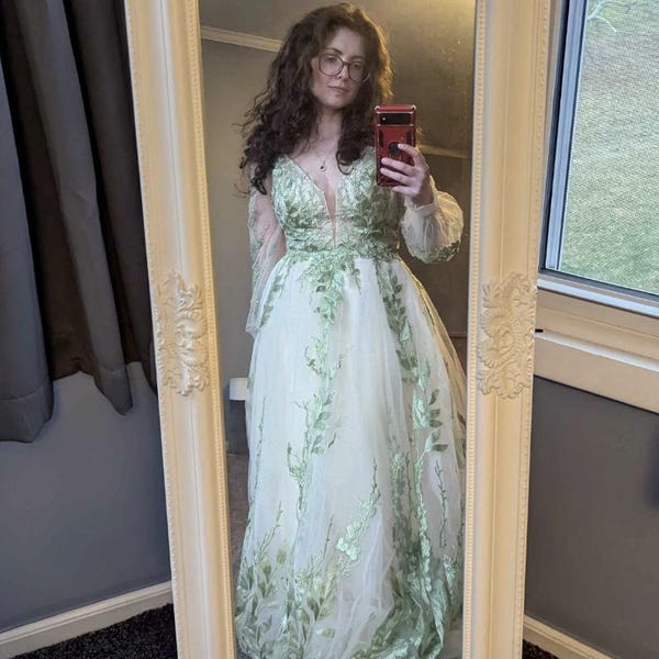 Fairy Dusty Blue Tulle Floral Lace Boho Prom Dress