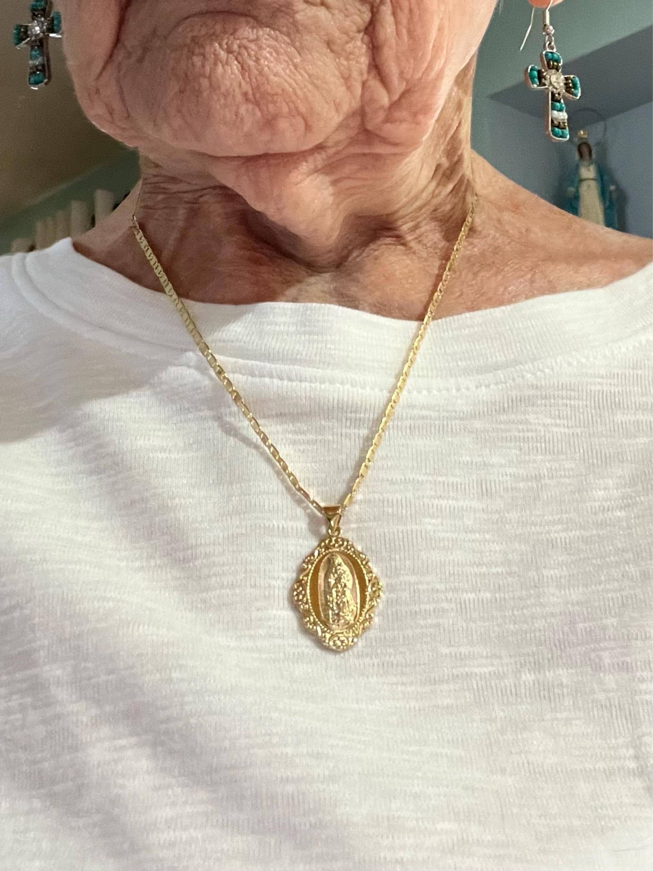 Gold Virgin Mary Necklace, Guadalupe Necklace, 2mm Fancy Flat Chain, 14k Heavy Plated Gold, High Quality, Lifetime Replacement Guarantee