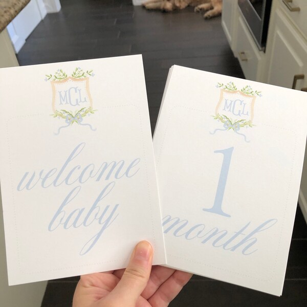 Watercolor Monogram Crest Baby Milestone Cards // Baby // Month Cards ...