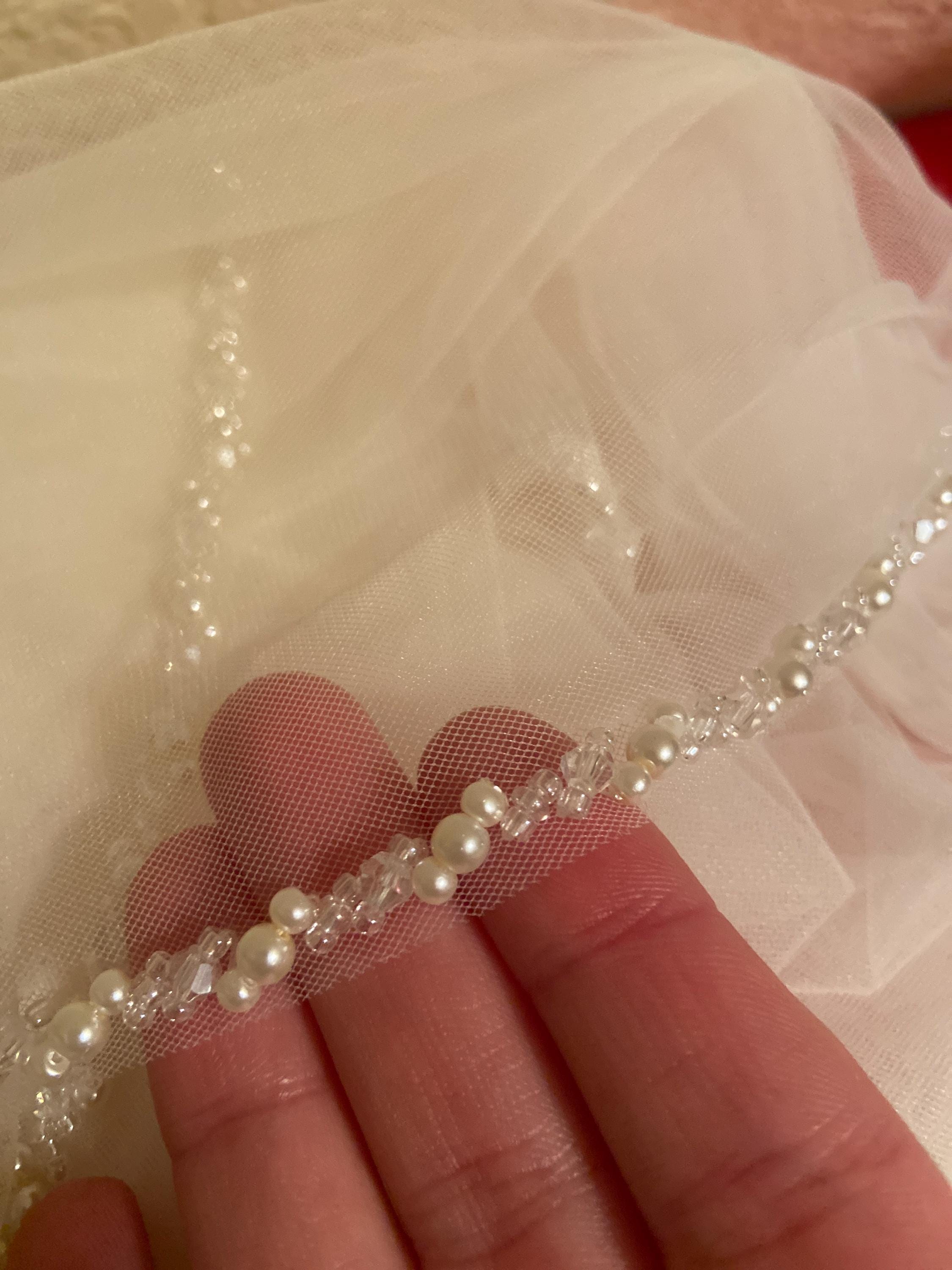 Beaded bridal veil,Pearl Wedding veil,Ivory Cathedral Veil,Sparkling veil,Crystal edge veil,Elbow Veil