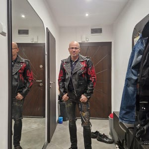 Red Flame Black Leather Biker Jacket: Spiked Shoulders, Studded