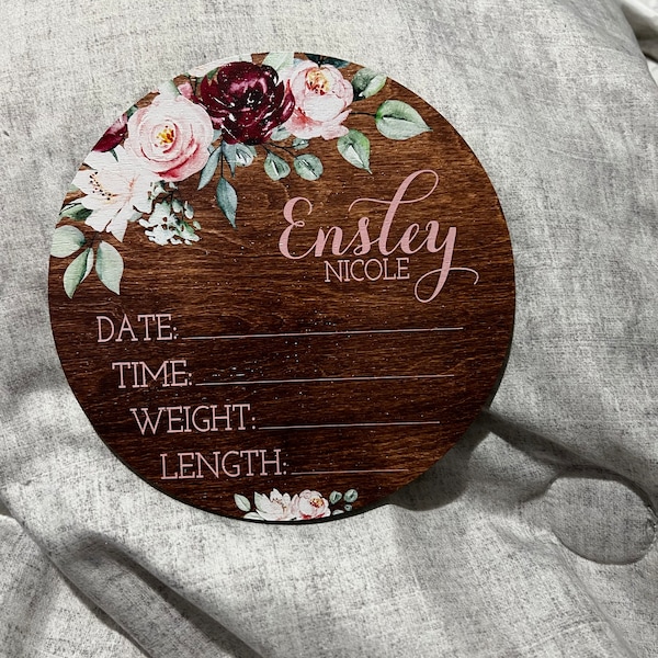 Birth Stats Round Wood Baby Name Sign Wooden Personalized Baby Name ...