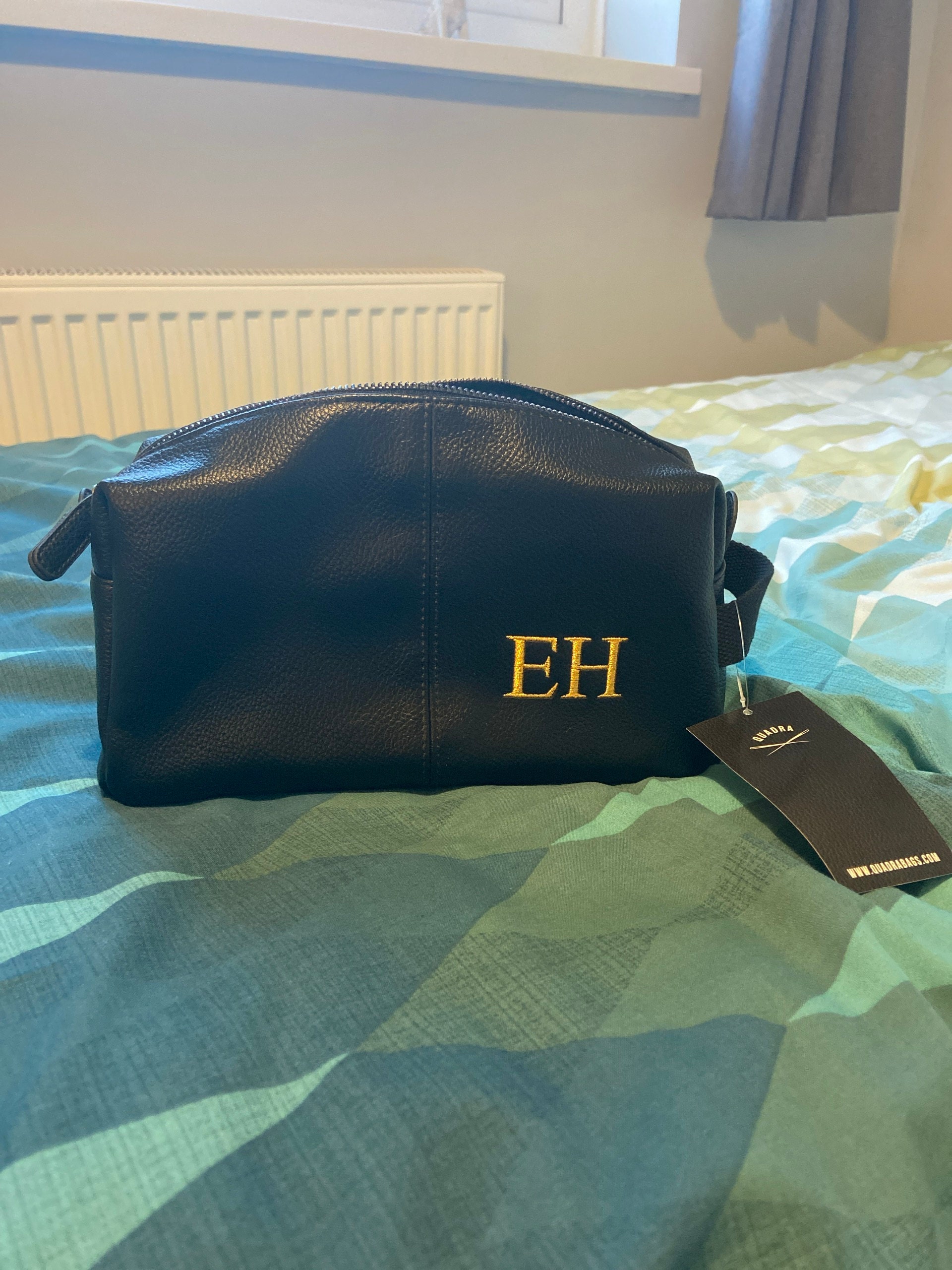 Personalised Embroidered Mens Leather Wash Bag with Strap Black or Brown - Mens Vegan Leather Toilet Bag Embroidered with Initials