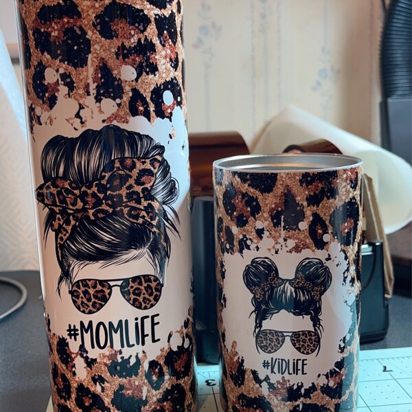 20 OZ Glitter Leopard Mom Life Messy Bun Sublimation Skinny Tumbler ...