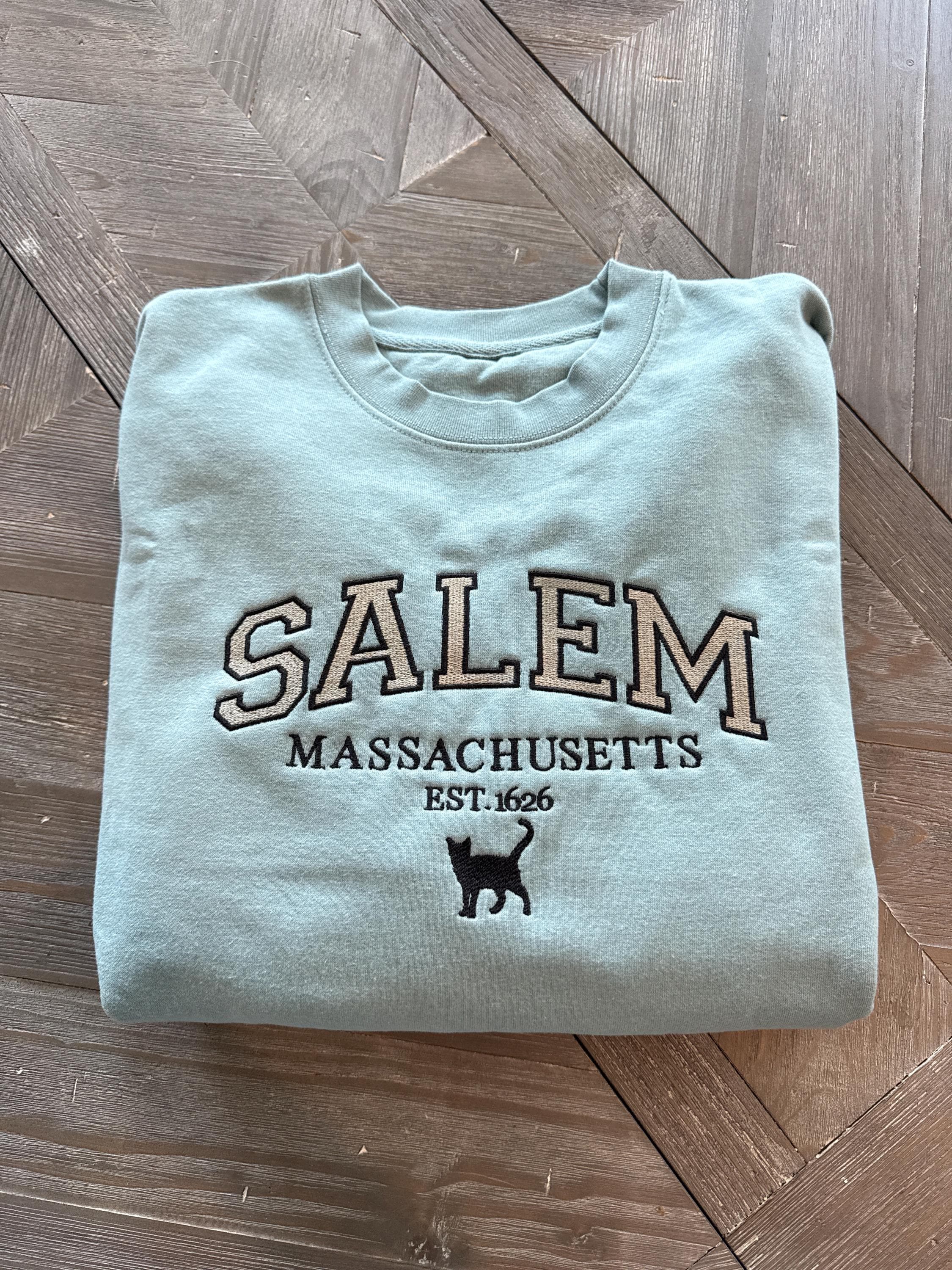 Salem Massachusetts sweatshirt, Hocus Pocus Halloween, Fall Embroidered Sweatshirt, Spooky Season Crewneck, Embroidered Sleeve witch