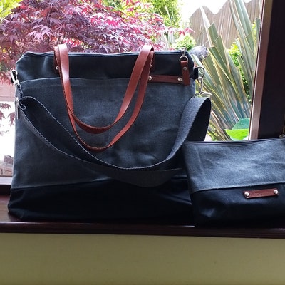 WAXED CANVAS Bag in Gray and Black Zippered TOTE, Waxed Laptop Bag ...
