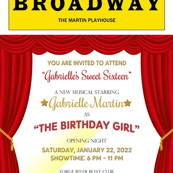 Broadway Invitation, Broadway Birthday Invitation, Broadway Theme ...