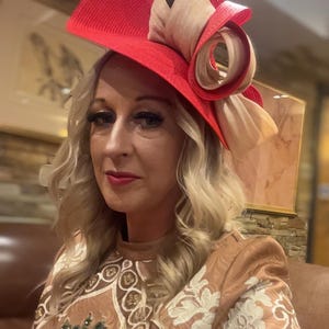 Woman Kentucky Derby Hat Red and Beige With Feather - Beige 
