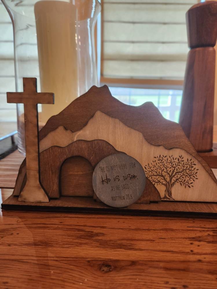 Empty Tomb &quot;He is Risen&quot; Decoration with Cross and Olive Tree, Religious, Christian, Easter Display, Easter Tomb, Laser Cut