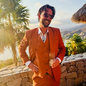 NOTCH LAPEL Terracotta Men's 3-piece Suit: Casual Fit Wedding