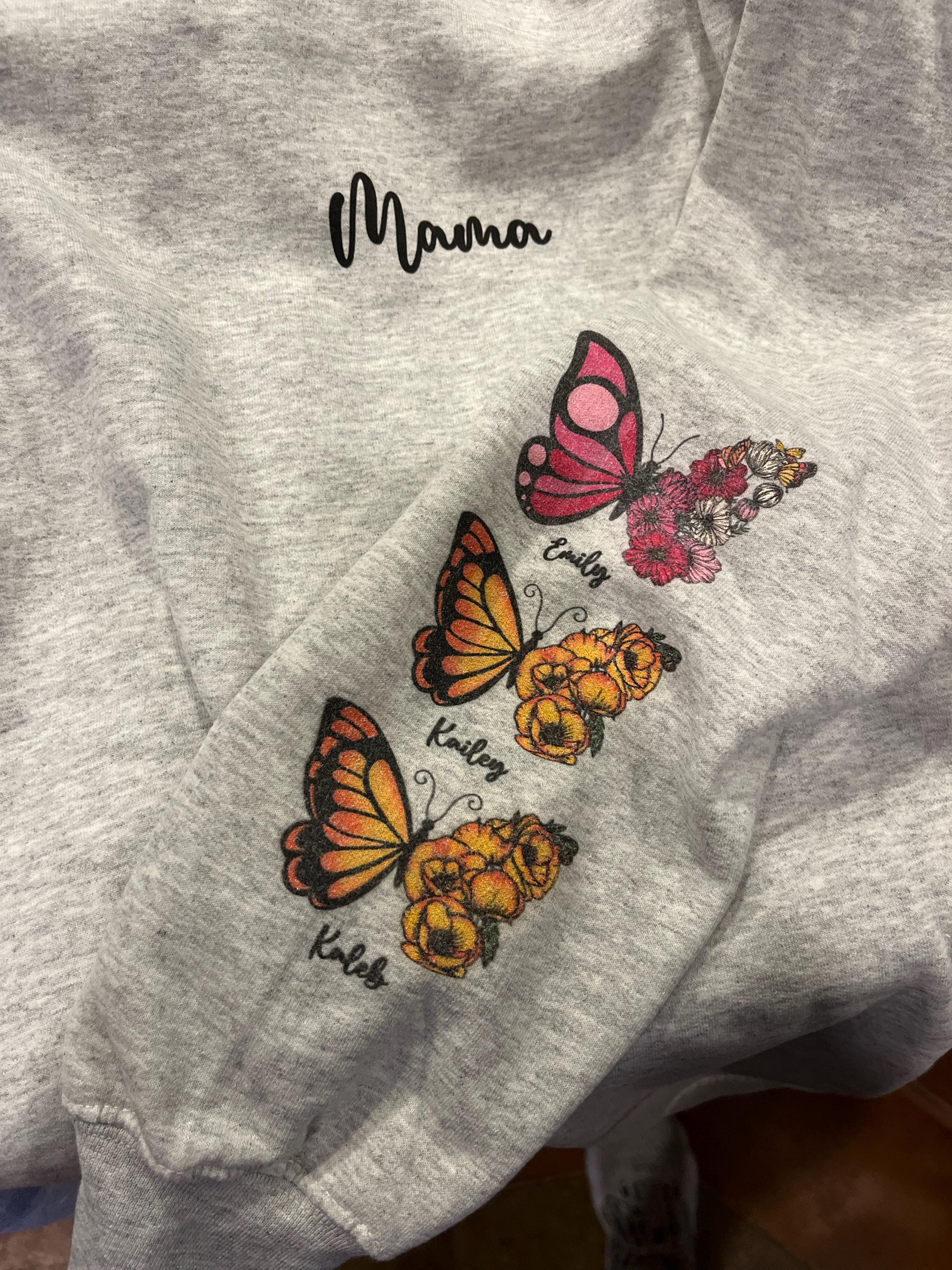 Custom Mama Birth Month Butterfly Flower Crewneck Sweatshirt With Kids Names On Sleeve, Meaningful Personalized Birthday Gift For Mom