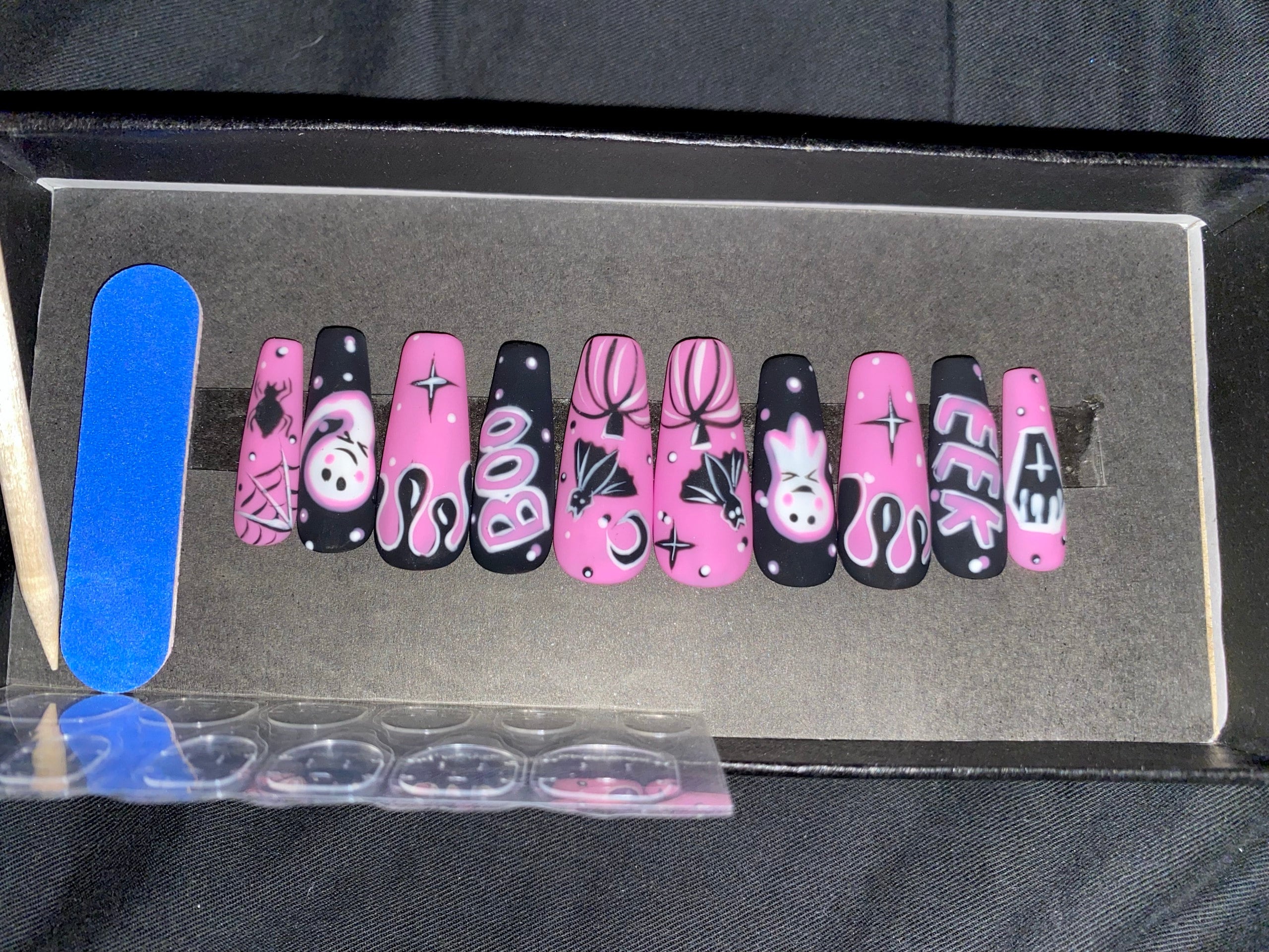 Midnight Magic Fake Nails | Black Pink Halloween Special Press On Nails Stiletto | Hand-made Glue On Nails | Luxury Fake Nails HA4