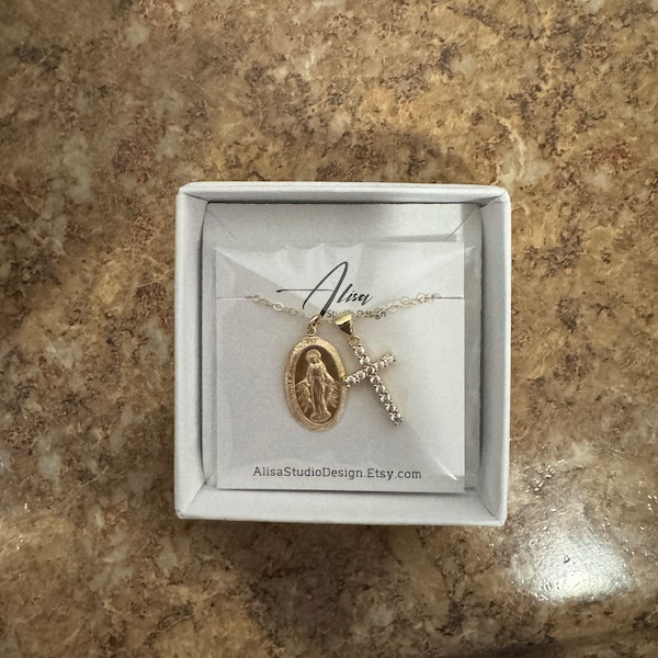 14k Gold Filled Oval Blessed Mother Virgin Mary and Cross, Our Lady of ...