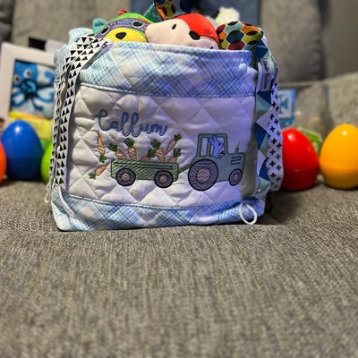 Embroidered Tab Interchangeable Blue Gingham Treat Basket