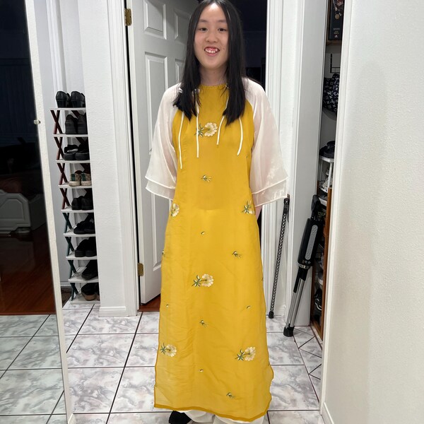 Floral Antique Olive Ruby Traditional Ao Dai Top | Vietnamese Dress O61