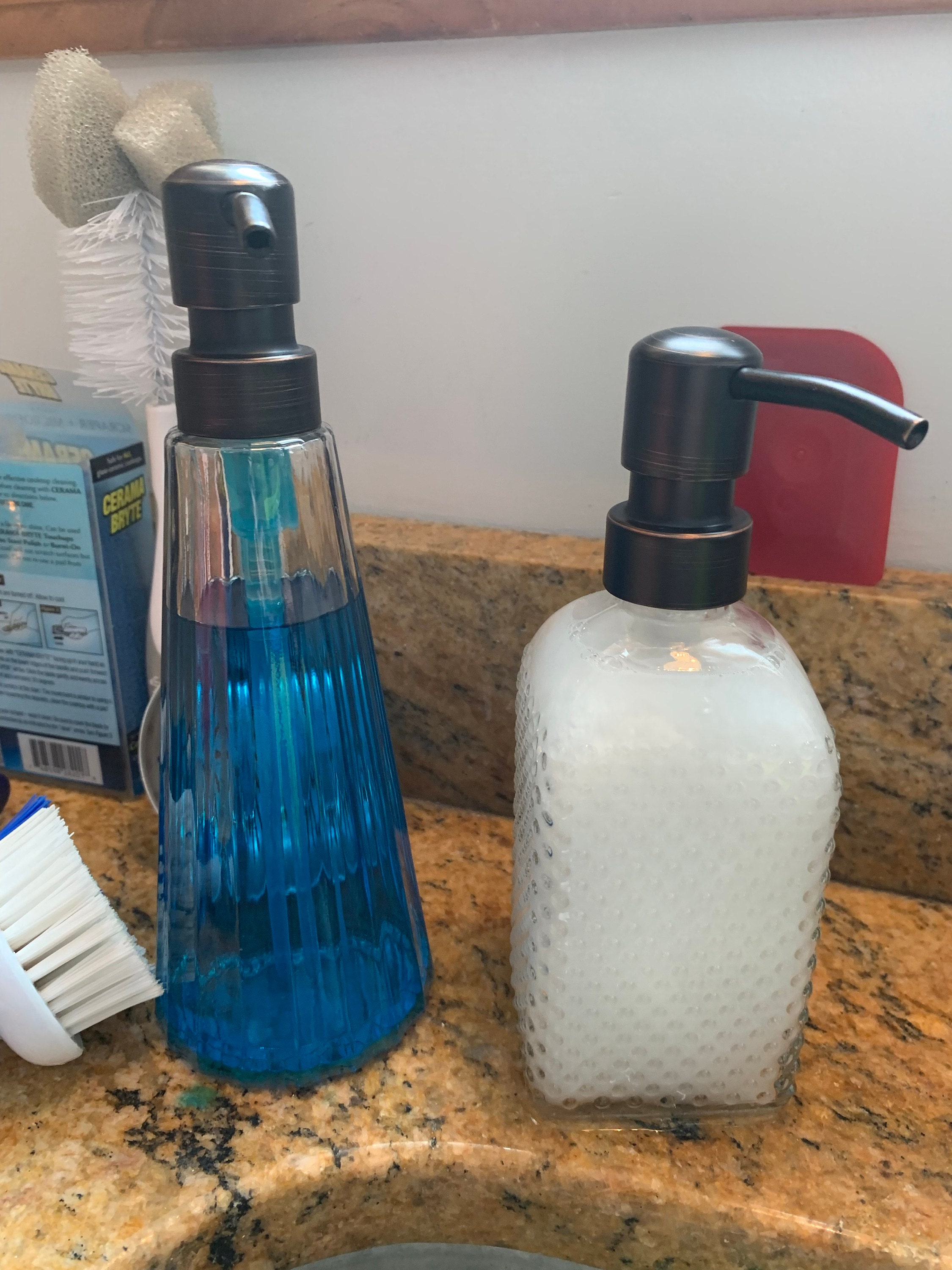 Vintage 14 oz. Glass Liquid Soap Dispenser Bottle | Refillable | Hand Soap or Dish Soap | 304 Stainless Steel Metal Pump | Gift | Apothecary