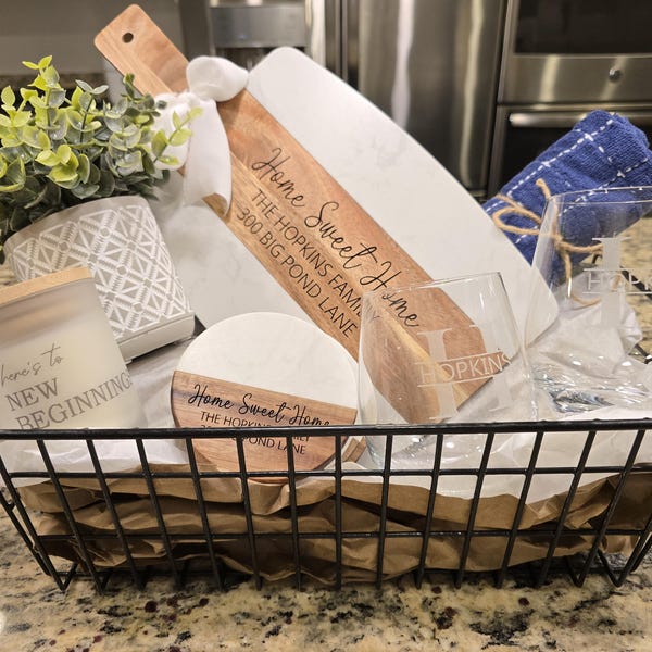 Custom Gift Basket Housewarming Gift Cutting Board First Home Gift Idea ...