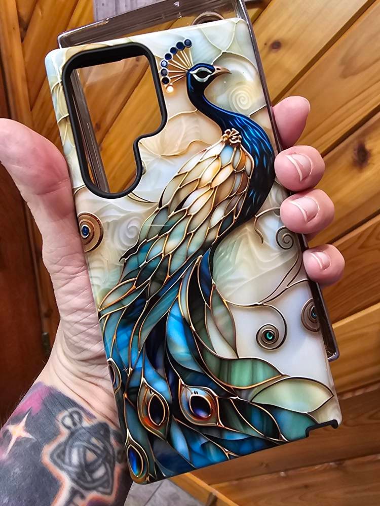 Peacock Stained Glass Design Phone Case for Samsung Galaxy S24, S23, S22, S21, S20 Plus, Ultra, Stained Glass Phone Case
