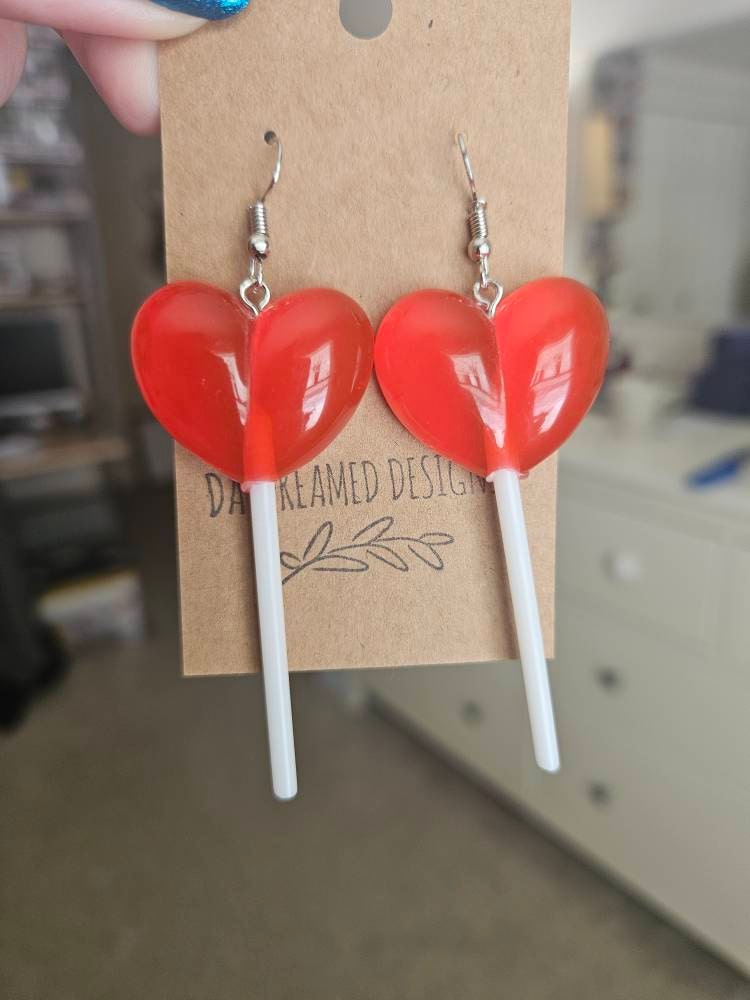 Valentine’s Day Heart Lollipop Earrings, Valentine’s Day Earrings, Valentine’s Day Suckers, Heart Earrings