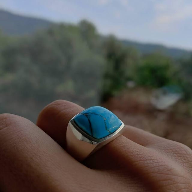 Bague Argent 925 Turquoise Tibétaine - Taille 62 - Neuf Sans Emballage - Pierre Bleue