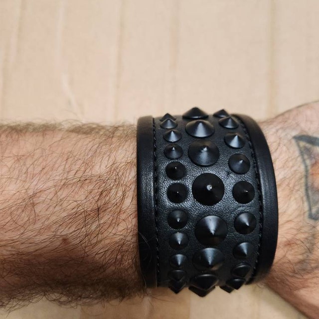 BLACK on BLACK Leather Metal Studded Cuff Punk Bracelet - Etsy